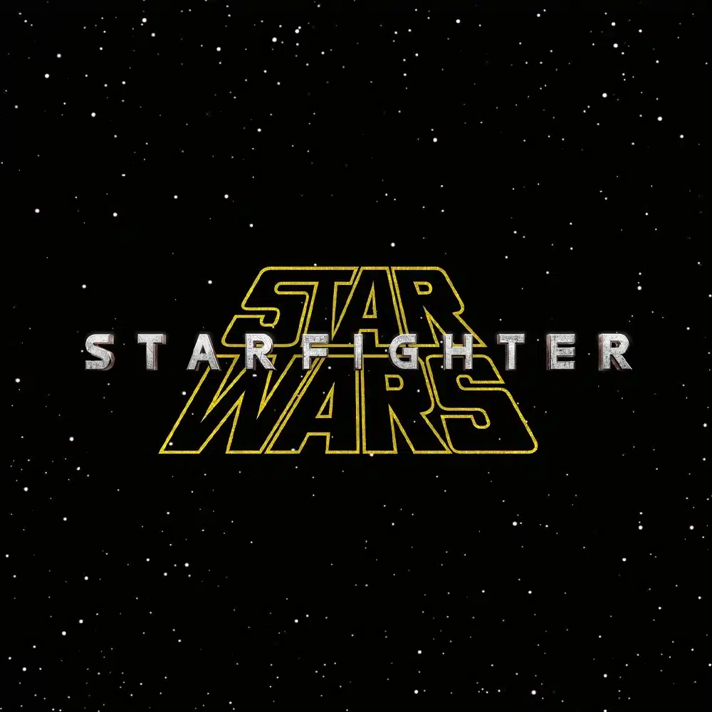 Logo du film Star Wars : Starfighter sur un fond étoilé.