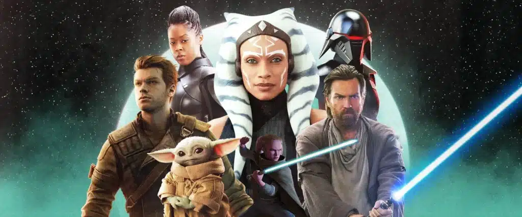 Image mettant en avant sept surivants de l'Ordre Jedi, Ahsoka Tano, Reva, Cal Kestis, Trilla Suduri, Obi-Wan Kenobi, Grogu et Devon Izara.
