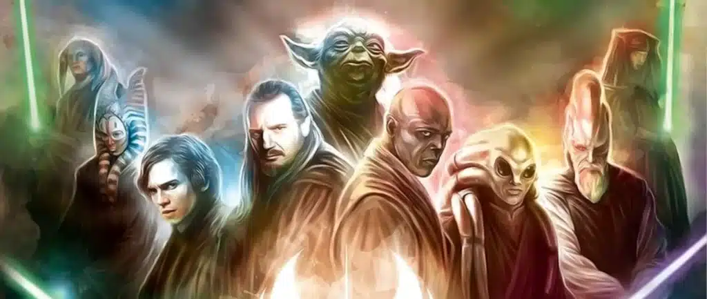 Illustration de plusieurs personnages Jedi, dont Yoda, Mace Windu, Qui-Gon Jinn, Anakin Skywalker, et d'autres, réunis avec leurs sabres laser allumés.
