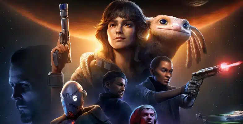 Affiche de Star Wars Outlaws mettant en avant Kay Vess et d'autres personnages du jeu.