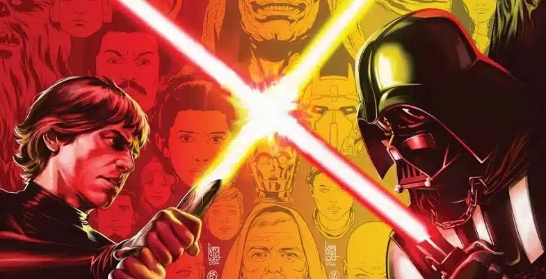 Illustration de Luke Skywalker et Dark Vador s'affrontant avec leurs sabres laser croisés, entourés de portraits de personnages emblématiques de l'univers de Star Wars en arrière-plan.