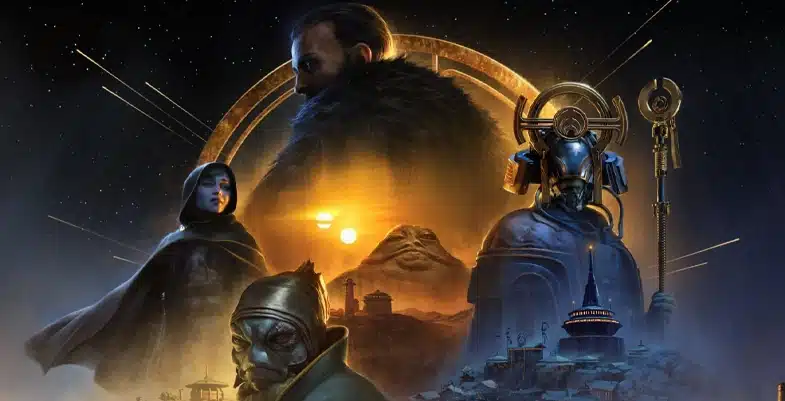 Illustration de Qi'ra à gauche, Sliro en haut entouré des factions criminelles et d'autres personnages faisant partie d'organisations criminelles, avec un paysage de deux soleils et des bâtiments en arrière-plan
