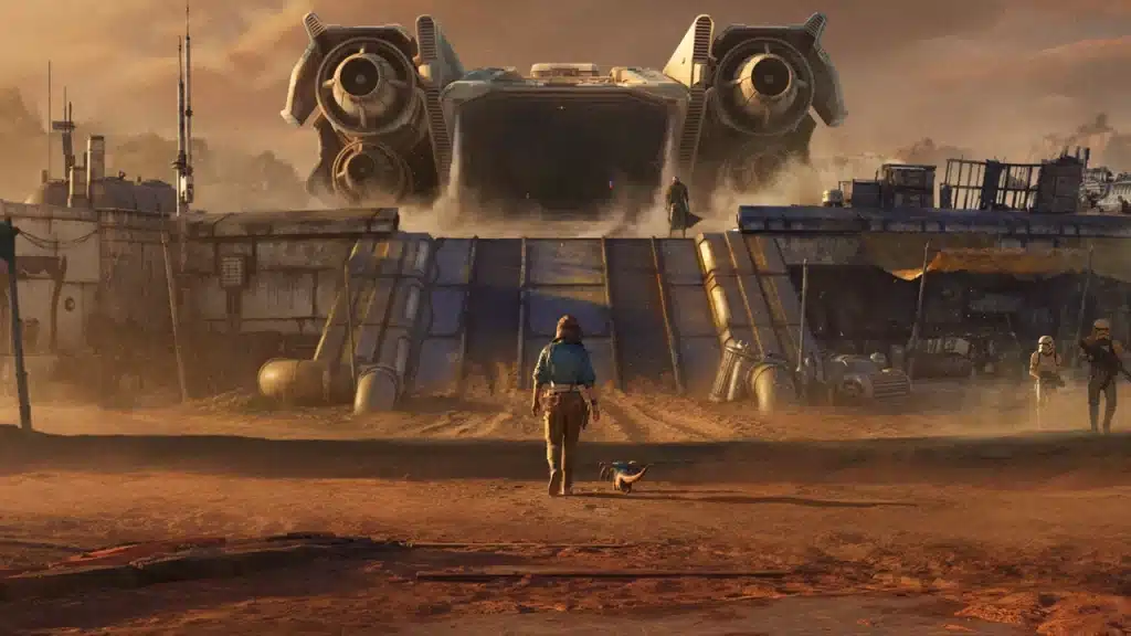 Kay Vess et Nix marchant vers un grand vaisseau spatial posé sur une plateforme dans un décor désertique, entourés de bâtiments industriels et de stormtroopers
