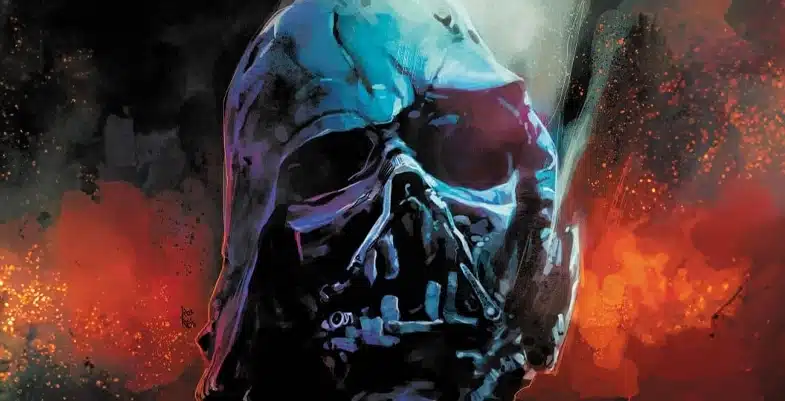Illustration artistique du casque de Dark Vador, éclairé par une lumière bleue et entouré d'une atmosphère sombre avec des teintes rougeâtres, inspirée de l'univers de Star Wars.