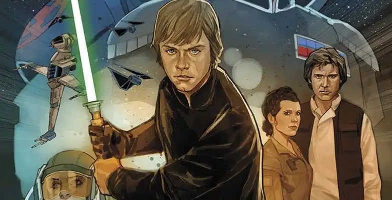 Illustration de Luke Skywalker tenant un sabre laser vert, avec Leia Organa et Han Solo à ses côtés, un vaisseau spatial en arrière-plan, et des scènes de bataille spatiale inspirées de l'univers de Star Wars.