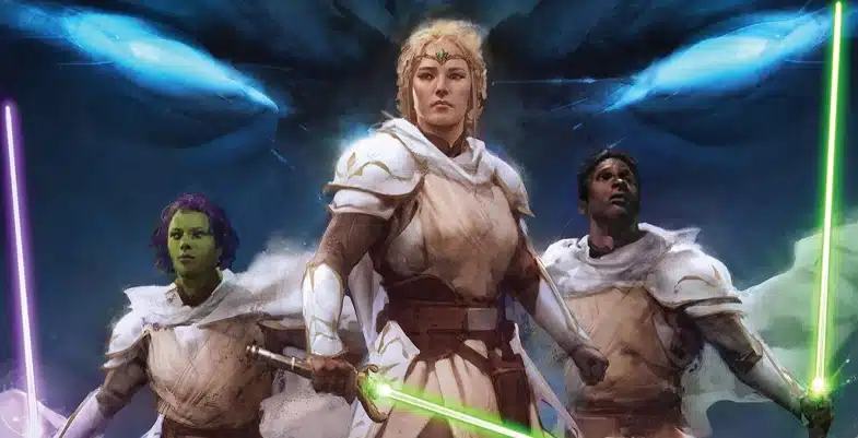 "Illustration d'Avar Kriss au milieu, Vernestra Rwoh à gauche et Bell Zettifar à droite, tous tenant des sabres laser verts, en armure de Jedi