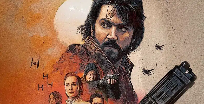 Affiche montrant Cassian Andor avec un blaster, entouré de plusieurs autres personnages de la série, avec des vaisseaux TIE en arrière-plan.