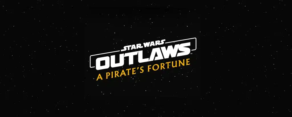 Logo de Star Wars Outlaws A Pirate's Fortune sur un fond étoilé.