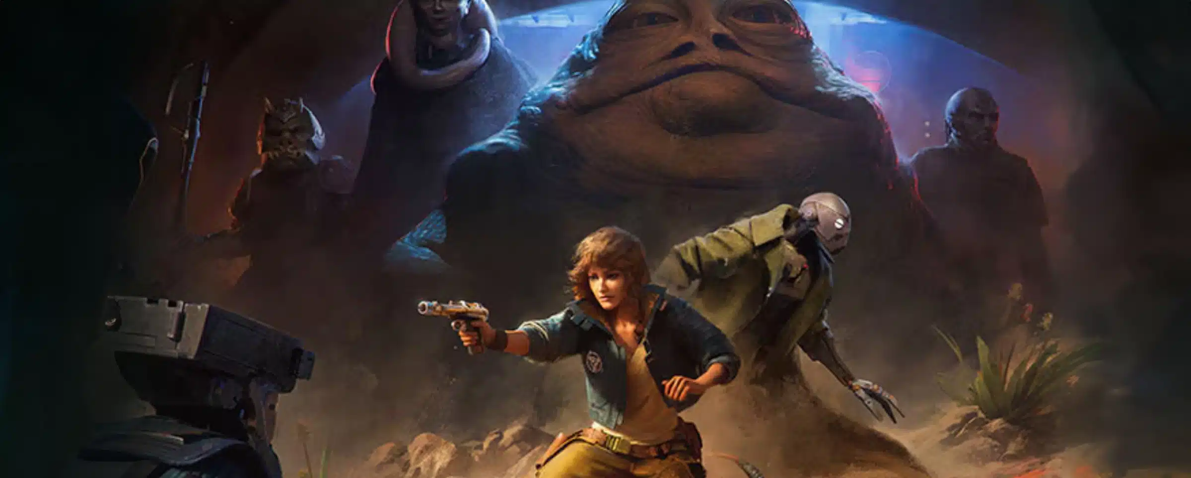 Kay Vesse et d'autres personnages se battant devant Jabba le Hutt dans une scène de Star Wars Outlaws.