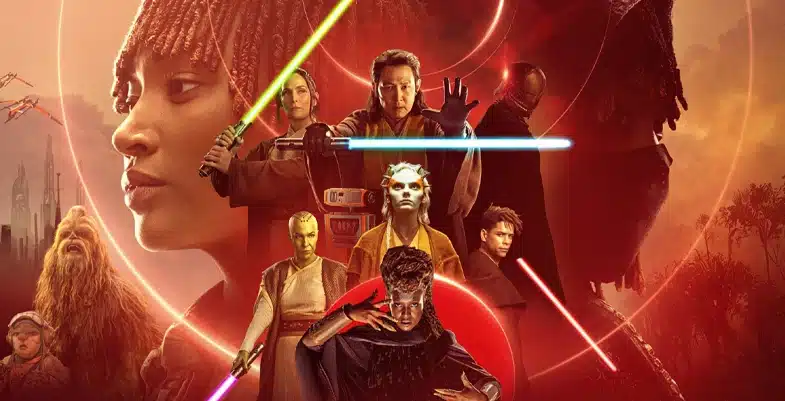 Montage de personnages de Star Wars : Maître Sol avec un sabre laser bleu, Maître Indara avec un sabre laser vert, Qimir à droite, Jecki Lon au centre regardant en haut, Yord Fandar à sa droite, Vernestra Rhow à gauche, et Mère Aniseya en bas, avec des paysages et vaisseaux en arrière-plan.