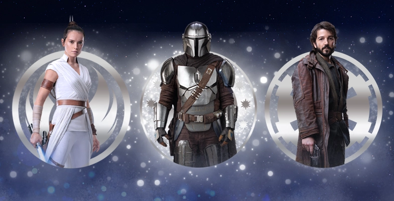 Collage montrant Rey Skywalker, Din Djarin, et Cassian Andor avec des cercles lumineux en arrière-plan.