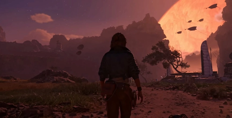Kay Vesse marchant dans un paysage extraterrestre au coucher du soleil, avec une lune gigantesque à l'horizon et des vaisseaux spatiaux volant dans le ciel.