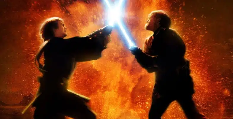 Combat au sabre laser entre Anakin Skywalker et Obi-Wan Kenobi, lames croisées, sur fond de lave en fusion, évoquant la bataille épique de Mustafar.