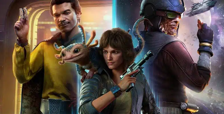 Lando Calrissian tenant des cartes de sabacc, Kay Vesse avec Nix sur son épaule tenant un blaster, et Hondo Ohnaka, un pirate Weequay portant une armure et un casque, sur un fond divisé en deux ambiances lumineuses.