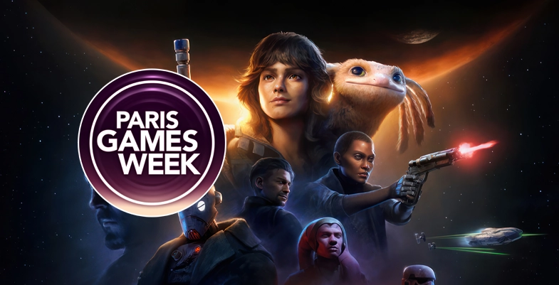 Kay Vess, une jeune femme avec des cheveux bruns, posant avec Nix, un petit animal extraterrestre, éclairés par une lumière chaude dans un univers inspiré de Star Wars avec le logo de la Paris Games Week 2024.