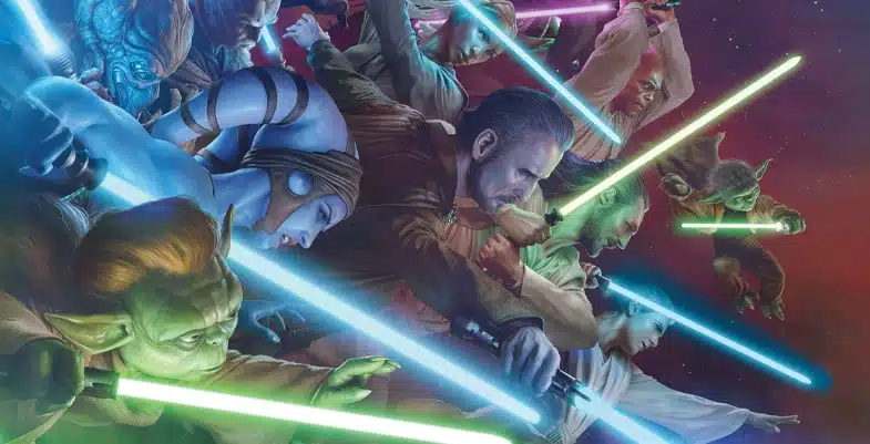 Illustration de Chevaliers Jedi brandissant leurs sabres laser, prêts à combattre, incluant Yoda, Windu et plusieurs autres Jedi, dans une posture de charge, avec des sabres de différentes couleurs illuminant la scène.