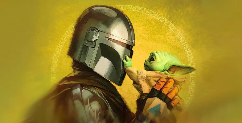 Din Djarin et Grogu qui se regardent pendant que Grogu touche avec sa main le casque de Din Djarin. Un fond vert en arrière plan.
