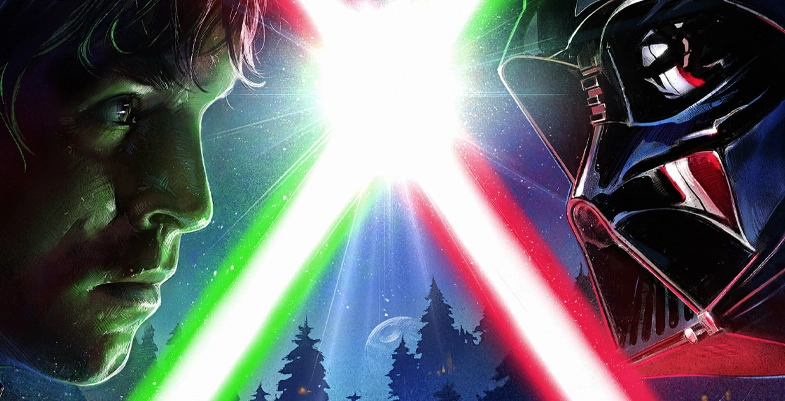Luke Skywalker et Dark Vador qui s'affrontent mettant en avant le sabre vert et le sabre rouge avec en fond Endor.