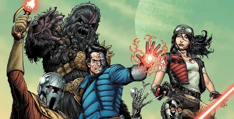 Illustration de Docteur Aphra, Sana Starros, Krrsantan, Dark Momin et des membres de la Task Force 99 en pleine action.