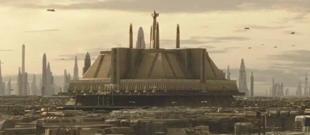 Vue du Temple Jedi sur Coruscant, entouré de gratte-ciel et de vaisseaux spatiaux dans le ciel.