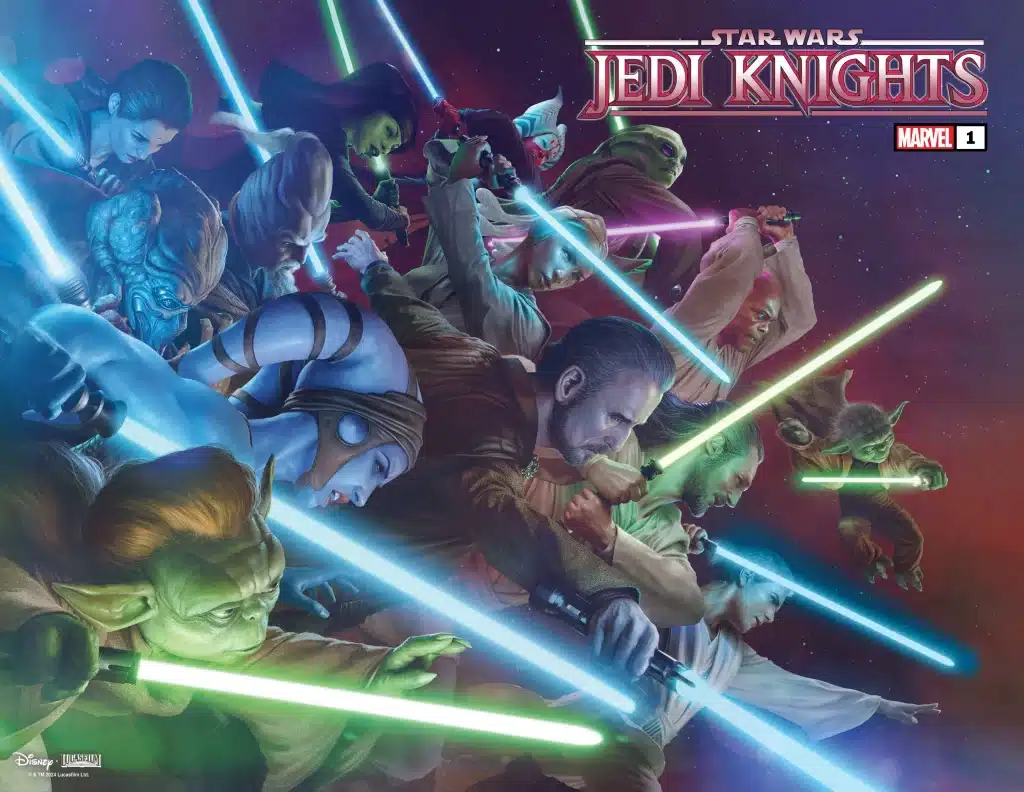 Couverture principale : Illustration de Chevaliers Jedi brandissant leurs sabres laser, prêts à combattre, incluant Yoda, Windu et plusieurs autres Jedi, dans une posture de charge, avec des sabres de différentes couleurs illuminant la scène.