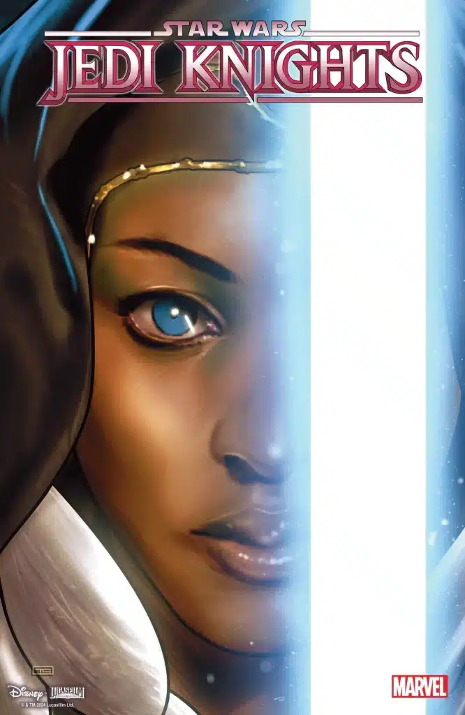 Couverture variante de bande dessinée Marvel représentant Adi Gallia brandissant un sabre laser bleu, avec le titre Star Wars Jedi Knights en haut de l'image.