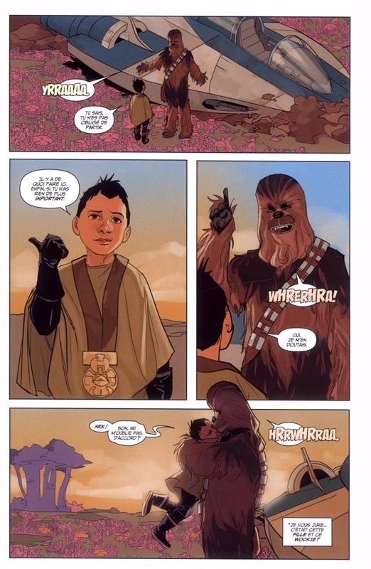 Chewbacca, le Wookiee, regarde avec inquiétude un jeune humain, les bras croisés. Un vaisseau spatial endommagé se trouve en arrière-plan, suggérant un atterrissage forcé.