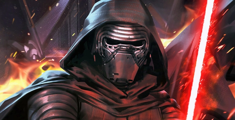 Kylo Ren avec son ancien masque et son sabre laser rouge. Celui-ci porte les mêmes vêtements de l'épisode VII.