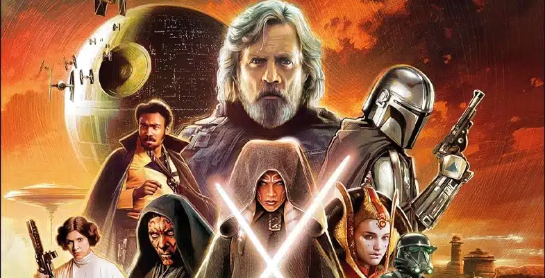 Montage de personnages de Star Wars incluant Luke Skywalker, Lando Calrissian, le Mandalorien, la Princesse Leia, Maul, Ahsoka Tano, Padmé Amidala, avec des sabres laser croisés, la Death Star en arrière-plan et divers vaisseaux spatiaux.