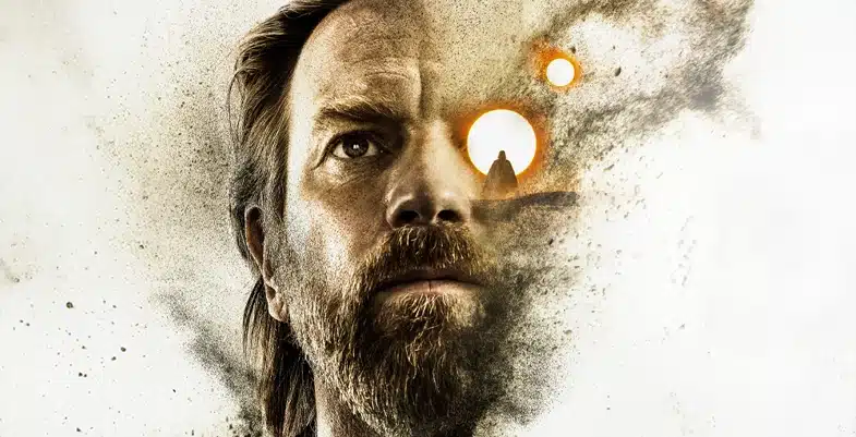 Portrait d'Obi-Wan Kenobi dont le visage se fond dans un paysage désertique, montrant les deux soleils de Tatooine et la silhouette de Dark Vador sur le sable.