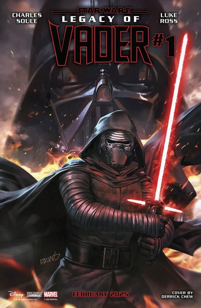 61 Couverture du comic Star Wars: Legacy of Vader #1 avec Kylo Ren brandissant un sabre laser rouge devant un fond enflammé et une image imposante de Darth Vader en arrière-plan.