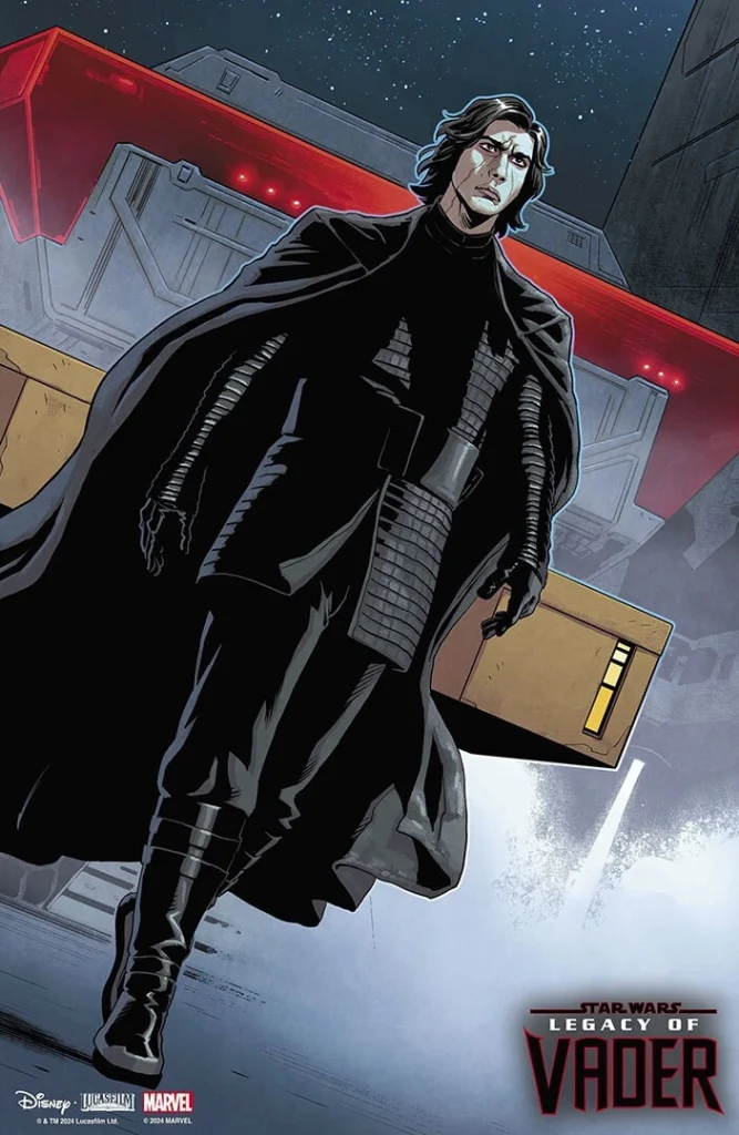 62 Couverture du comic Star Wars: Legacy of Vader #1 avec Kylo Ren brandissant un sabre laser rouge devant un fond enflammé et une image imposante de Darth Vader en arrière-plan.