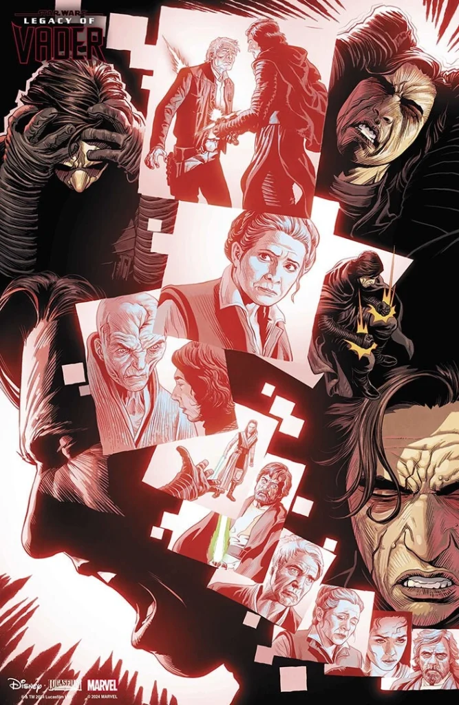 63 Couverture du comic Star Wars: Legacy of Vader #1 avec Kylo Ren brandissant un sabre laser rouge devant un fond enflammé et une image imposante de Darth Vader en arrière-plan.