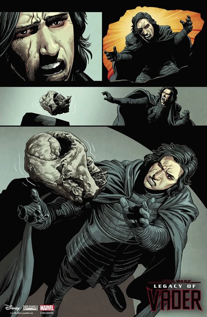 64 Couverture du comic Star Wars: Legacy of Vader #1 avec Kylo Ren brandissant un sabre laser rouge devant un fond enflammé et une image imposante de Darth Vader en arrière-plan.