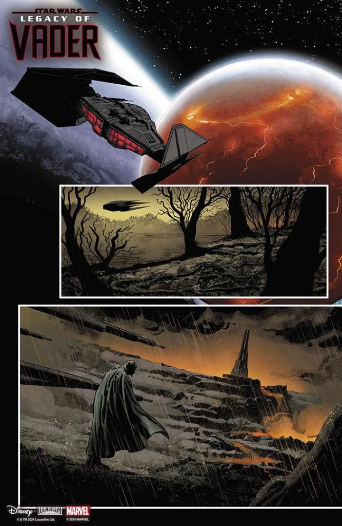 65 Couverture du comic Star Wars: Legacy of Vader #1 avec Kylo Ren brandissant un sabre laser rouge devant un fond enflammé et une image imposante de Darth Vader en arrière-plan.