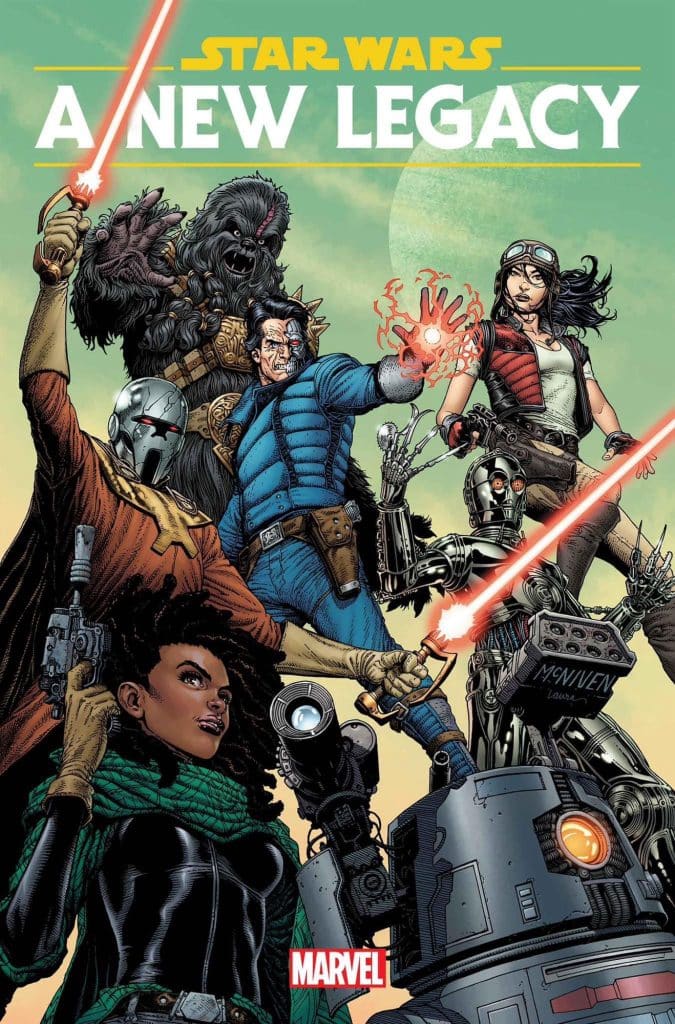 Illustration de Docteur Aphra, Sana Starros, Krrsantan, Dark Momin et des membres de la Task Force 99 en pleine action.