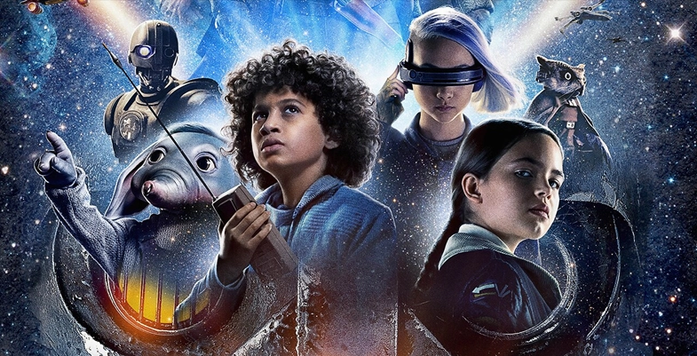 Image montrant les jeunes personnages Wim, Fern, KB et Neel, accompagnés du droïde SM-33, tous plongés dans un univers cosmique. Ils sont entourés de technologies futuristes et de créatures fantastiques, symbolisant une aventure interstellaire captivante.