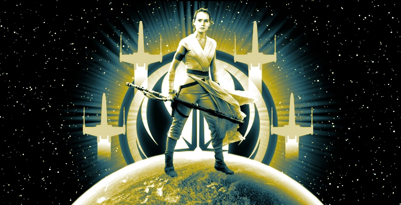 **Rey** debout avec son bâton, entourée de symboles de la Résistance et de vaisseaux X-Wing, prête à combattre, dans un style inspiré de l’univers Star Wars.
