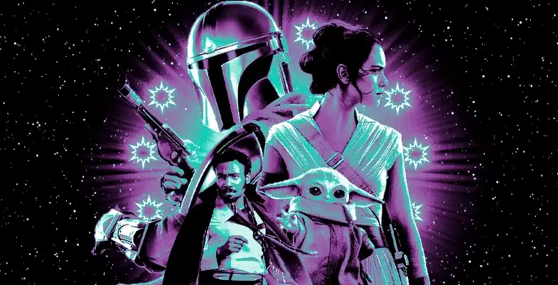 Rey, Din Djarin (le Mandalorien), Lando Calrissian, et **Grogu** réunis dans une illustration stylisée, illuminée d’étoiles et de couleurs vives, représentant l’univers *Star Wars*.