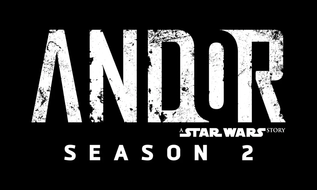 Logo de la série Andor et un texte mentionnant "Season two" sous un fond noir.
