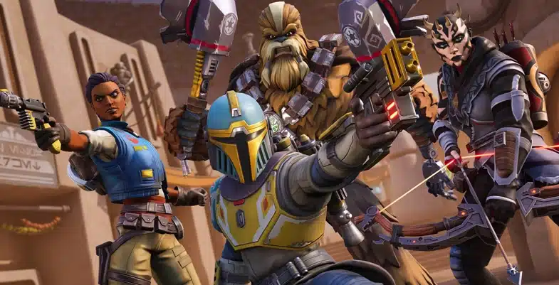Quatre personnages de l'univers Star Wars en position de combat : un Mandalorien avec un casque et un blaster au centre, accompagné d'une femme humaine à gauche avec une arme à feu, un Wookiee derrière brandissant une hache, et un Zabrak sombre à droite équipé d'un arc.