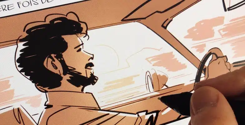 Illustration représentant un jeune George Lucas au volant, probablement en référence à son film American Graffiti. Le style esquissé et les teintes chaudes rappellent l’ambiance rétro et cinématographique qui a influencé son travail.