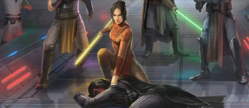 Bandilla Shan brandit un sabre laser jaune et domine Revan, entourée d'autres combattants Jedi tenant des sabres laser verts et rouges, dans un environnement futuriste éclairé de néons.