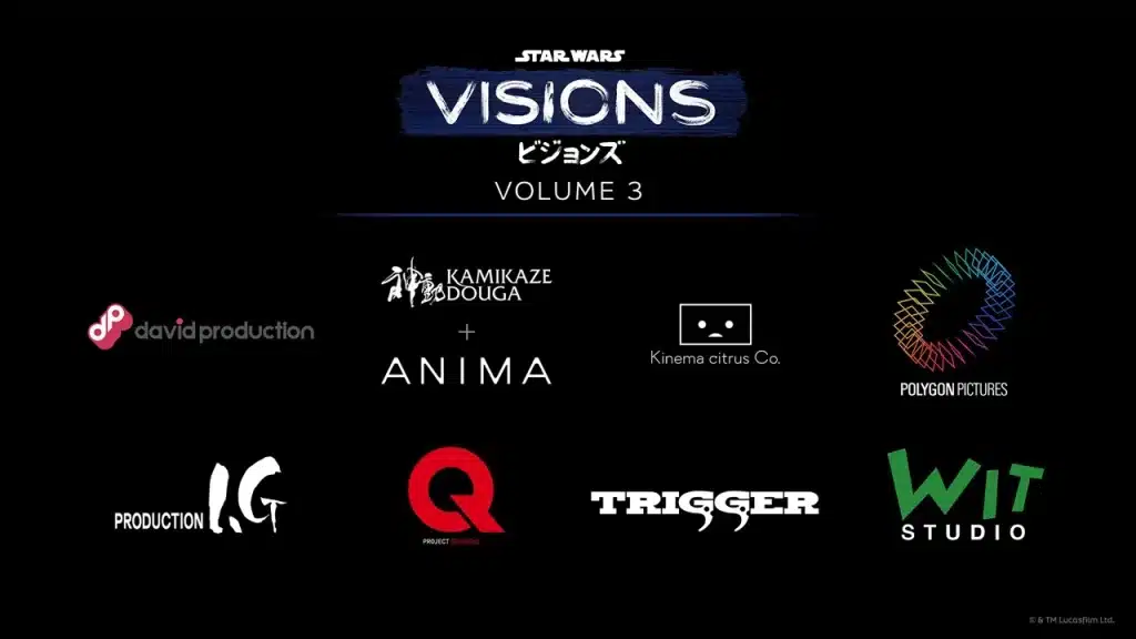 Affiche de *Star Wars: Visions* Volume 3, mettant en avant les studios d'animation impliqués dans le projet, tels que David Production, Kamikaze Douga, Trigger, et d'autres noms majeurs de l'animation.