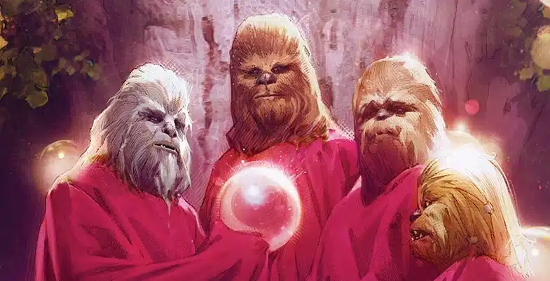 Quatre Wookiees vêtus de robes rouges tiennent une sphère lumineuse au centre, entourés d'une végétation douce et baignée par une lumière mystique.