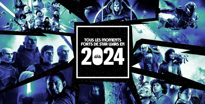 Une composition regroupant plusieurs scènes marquantes de l'univers galactique pour 2024, avec au centre un texte soulignant les moments forts de l'année, entouré de personnages et d'actions iconiques.