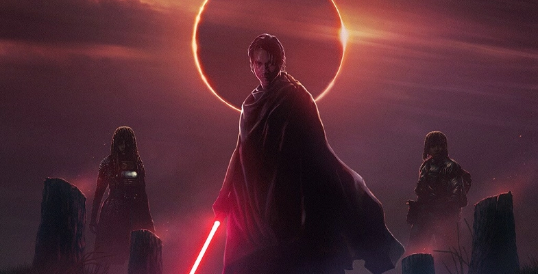 Qimir est au centre avec une arme rouge, Mae est à gauche, et Osha se trouve à droite dans un décor crépusculaire dominé par une éclipse.