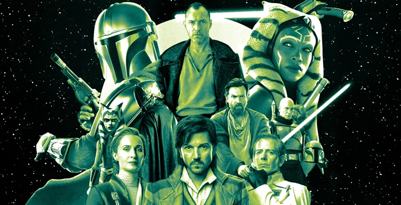 Montage stylisé de l’univers *Star Wars*, mettant en avant Cassian Andor, Din Djarin, Ahsoka Tano, Obi-Wan Kenobi et d’autres personnages emblématiques. L’arrière-plan étoilé et la teinte monochrome verte renforcent l’ambiance épique et unifiée des différentes séries Disney+.