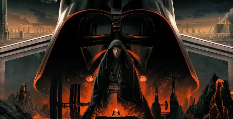 Affiche stylisée de Star Wars: La Revanche des Sith*, avec Dark Vador dominant la composition, son casque encadrant Anakin Skywalker en capuche sombre. En bas, le duel entre Anakin et Obi-Wan Kenobi sur Mustafar est mis en avant, entouré d’un paysage volcanique et de structures industrielles, renforçant l’atmosphère dramatique du film.