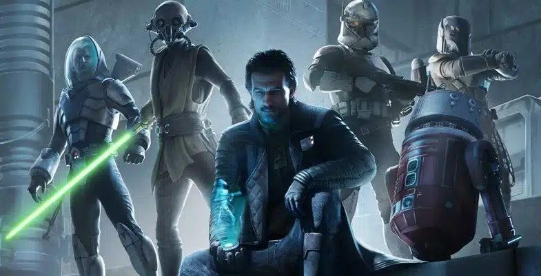 Affiche promotionnelle de Star Wars: Zero Company montrant un groupe de personnages sur un toit futuriste. On y voit un Jedi tenant un sabre laser vert, un droïde rouge, un clone en armure, un individu masqué, un personnage assis tenant un hologramme bleu, et un soldat en armure mandalorienne.